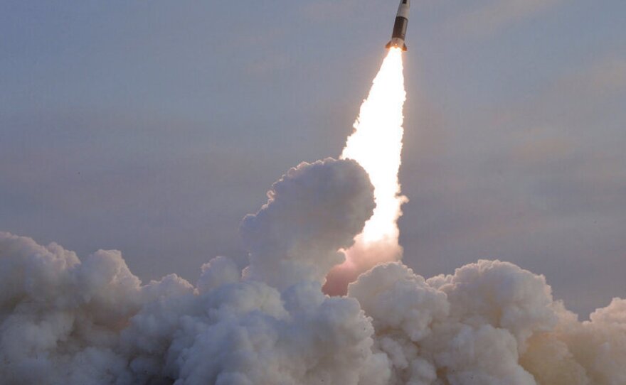 This photo provided by the North Korean government, shows what it says a test-fire of tactical guided missile in North Korea Monday, Jan. 17, 2022.