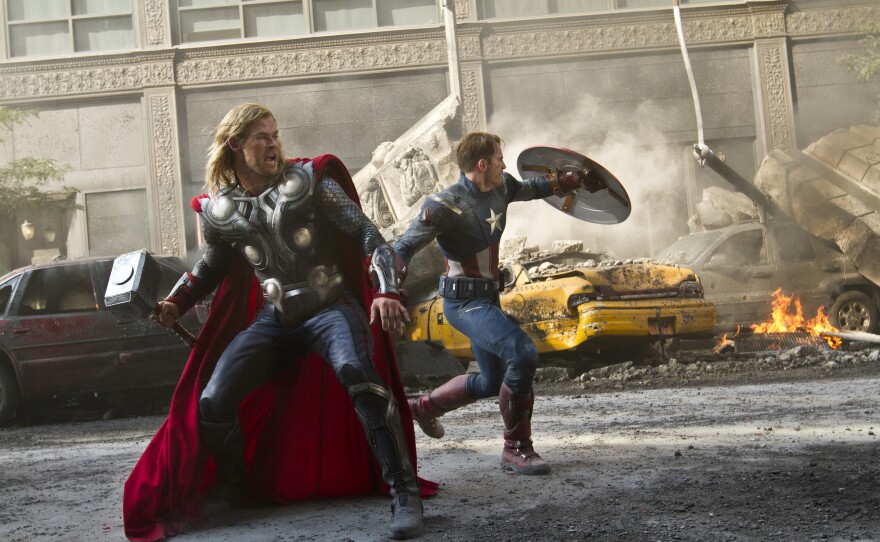 Thor (Chris Hemsworth) and Captain America (Chris Evans) saving the planet in "The Avengers."