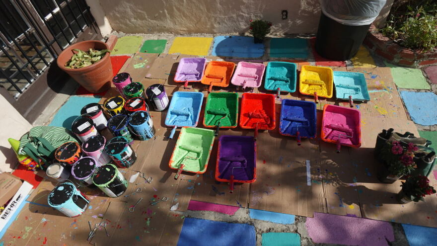 Paint used by volunteers to repaint tiles at Spanish Village Art Center in Balboa Park is pictured Sept. 14, 2026.