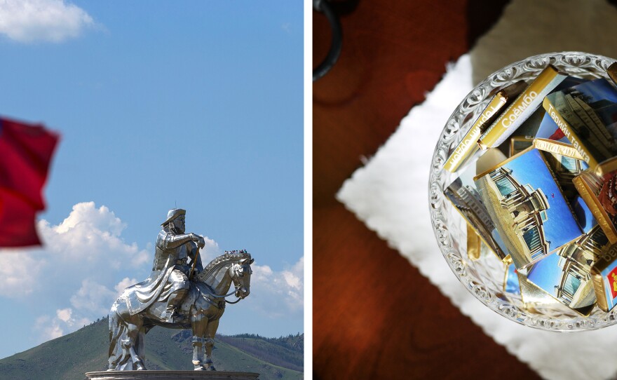 (Left) A Mongolian national flag flies near a Genghis Khan statue – the world's largest equestrian statue – in Tsonjin Boldog, Mongolia, on July 16. (Right) Chocolates are displayed for visitors to Mongolia's Government Palace in Ulaanbaatar.