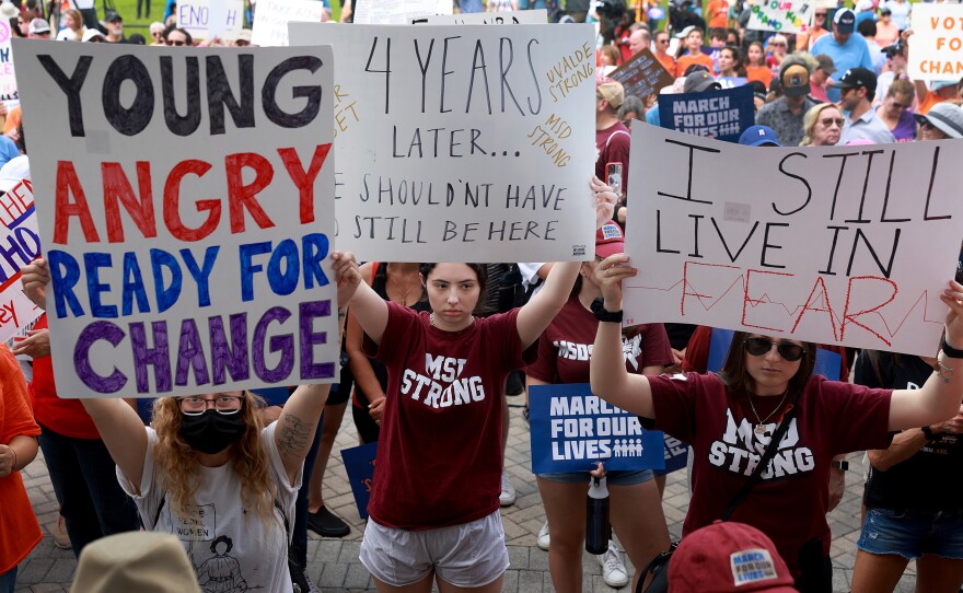 Parkland, Fla.: (L-R) Lauren Klein, Taylor Bensin, and Stephanie Horowitz join with others during the second March for Our Lives rally against gun violence at Pine Trails Park.