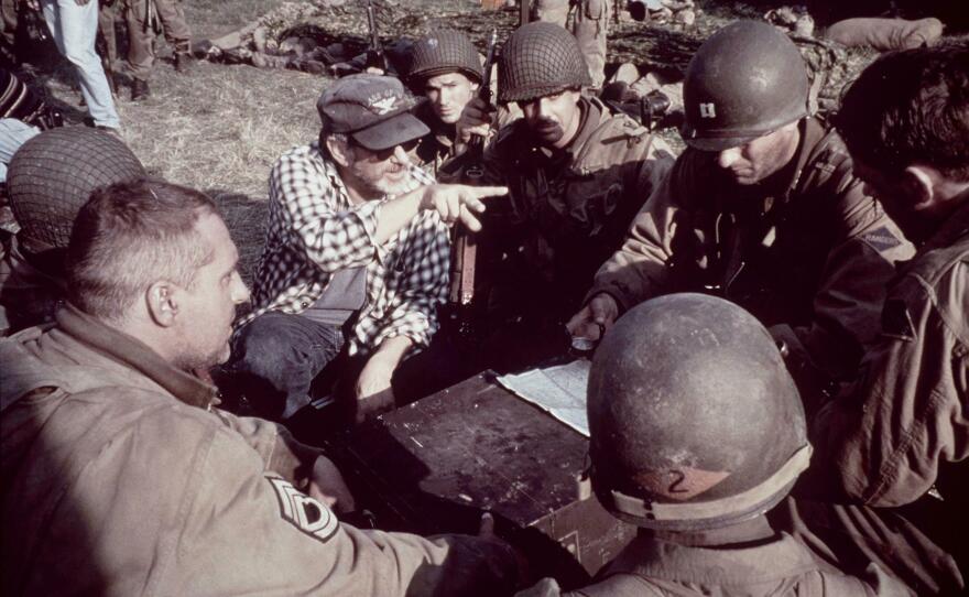 Steven Spielberg directs on set of the 1998 film <em>Saving Private Ryan</em>.