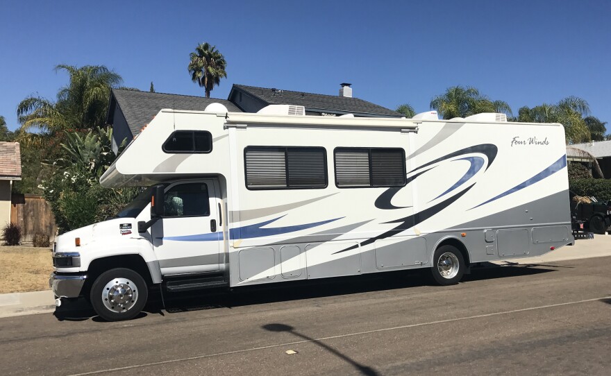 A parked recreational vehicle blocks the view of a house in Santee, Oct. 6, 2017.