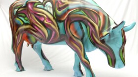 Stolen fiberglass cow painted by Werc Alvarez for CowParade La Jolla.
