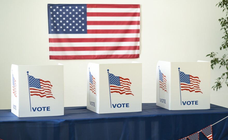 Empty room ready for voting booths for Election Day.