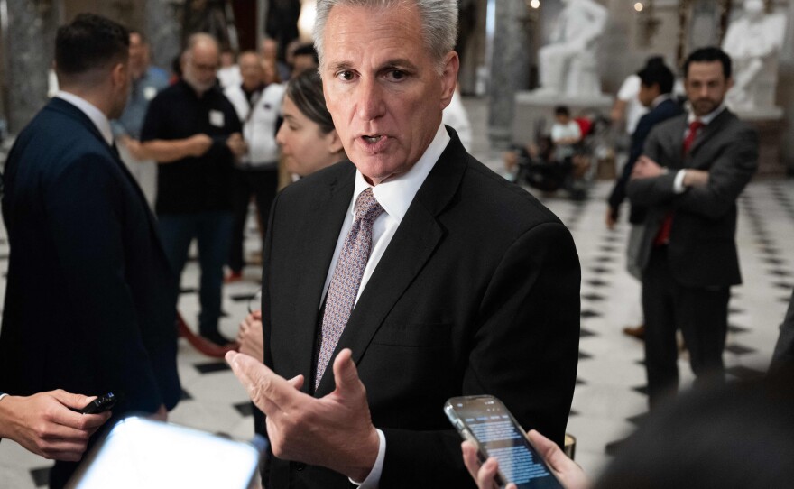 U.S. House Speaker Kevin McCarthy, R-Calif., speaks to reporters at the U.S. Capitol on Monday.