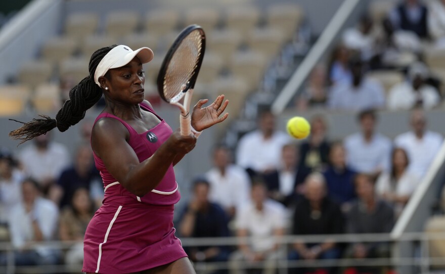 Sloane Stephens of the U.S. plays a shot against Aryna Sabalenka of Belarus during their fourth round match of the French Open tennis tournament at the Roland Garros stadium in Paris, Sunday, June 4, 2023.