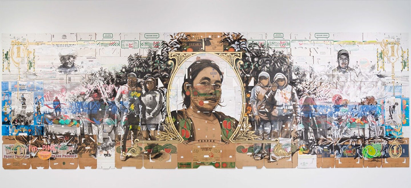 "Legal Tender / Moneda corriente" is a 2022 work of art by Narsiso Martinez, shown installed in an undated photo.