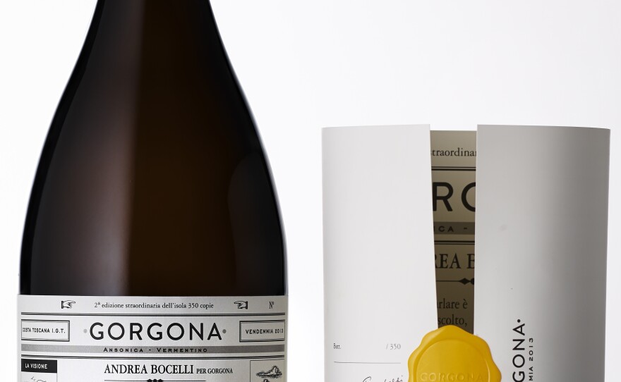 The 2013 Gorgona vintage label was written by tenor and singer-songwriter Andrea Bocelli, who is from the mainland of Tuscany.