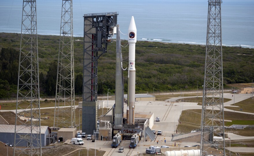 The United Launch Alliance Atlas V rocket, with the Orbital ATK Cygnus pressurized cargo module, stands ready for launch on the pad at Space Launch Complex 41 at Cape Canaveral Air Force Station in Florida.