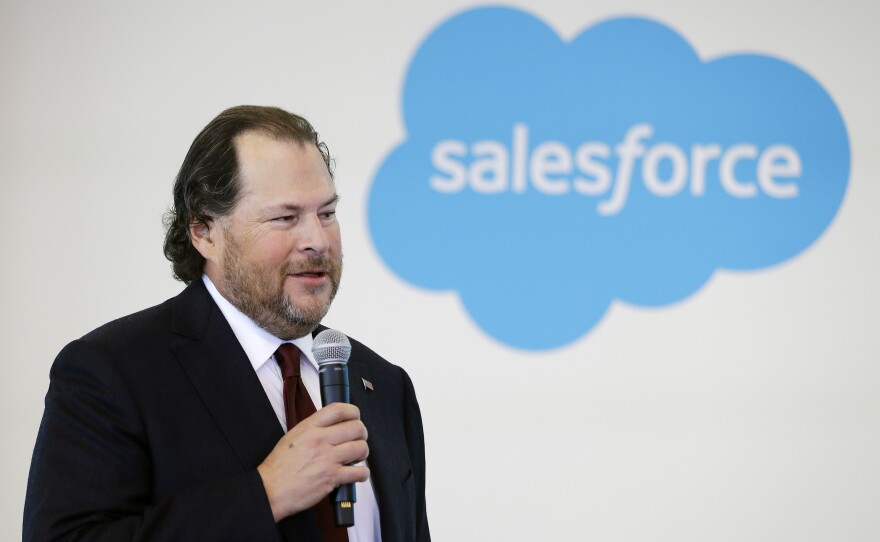 Benioff speaks during a news conference in 2019. He is adamant that he is not building a Salesforce facility in Waimea.