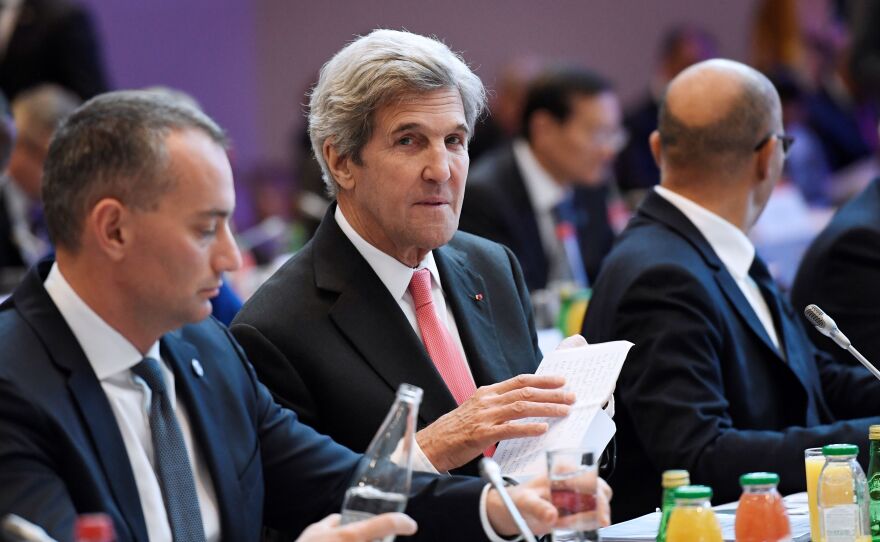 U.S. Secretary of State John Kerry attends the peace conference in Paris on Sunday. Foreign ministers and representatives from about 70 countries are seeking to revive the moribund Israeli-Palestinian peace process.