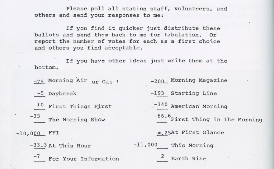 Memo from Larry Lichty, former NPR director of audience research and evaluation, seeking name suggestions for a new morning news program.