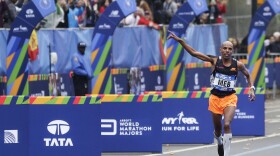 Meb Keflezighi of the United States approaches the finish line of the New York City Marathon in New York, Sunday, Nov. 5, 2017.