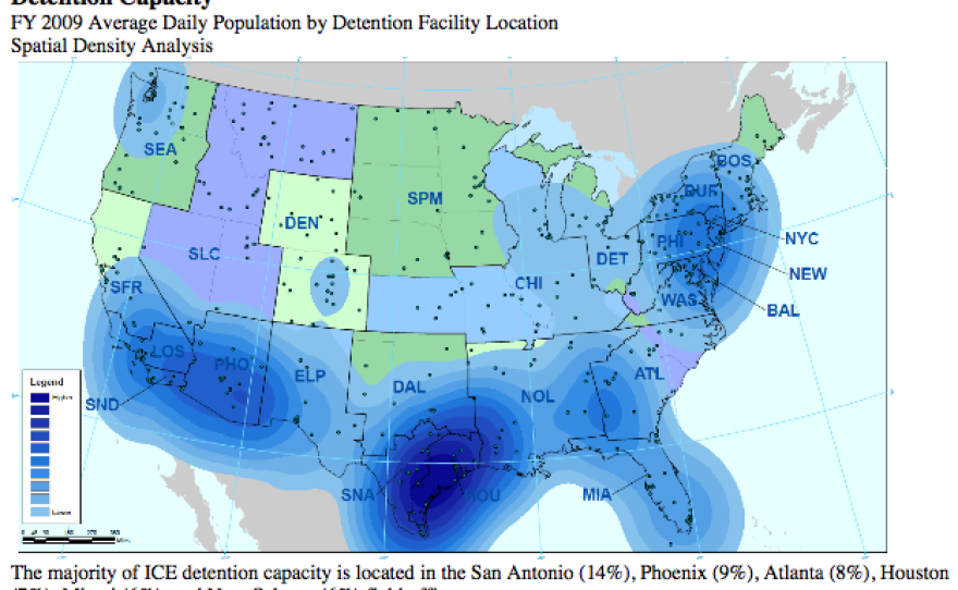 This map from ICE shows the 2009 average daily population by detention facility location.