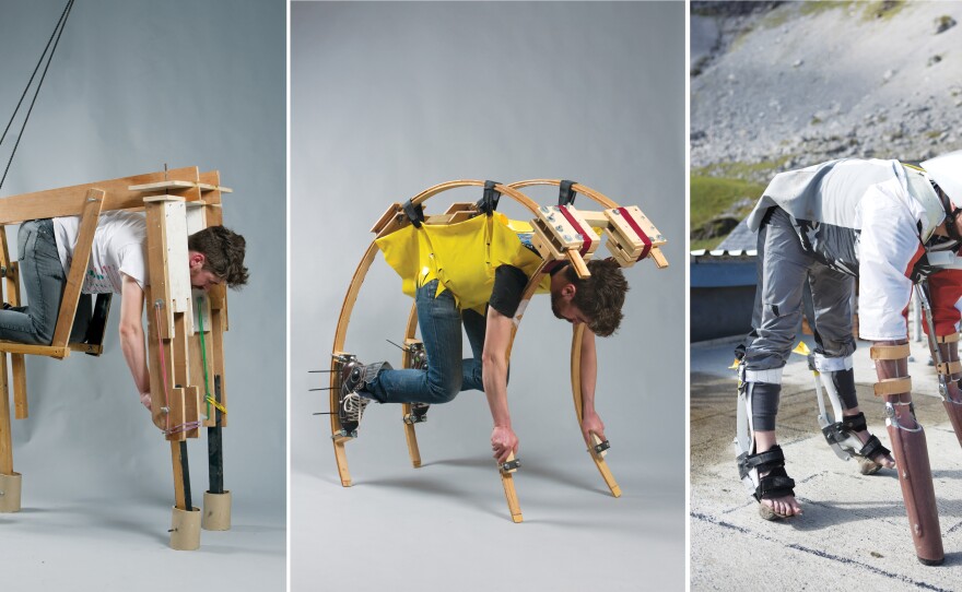Thwaites went through several quadruped exoskeleton designs before settling on one that relies on prosthetics (right).