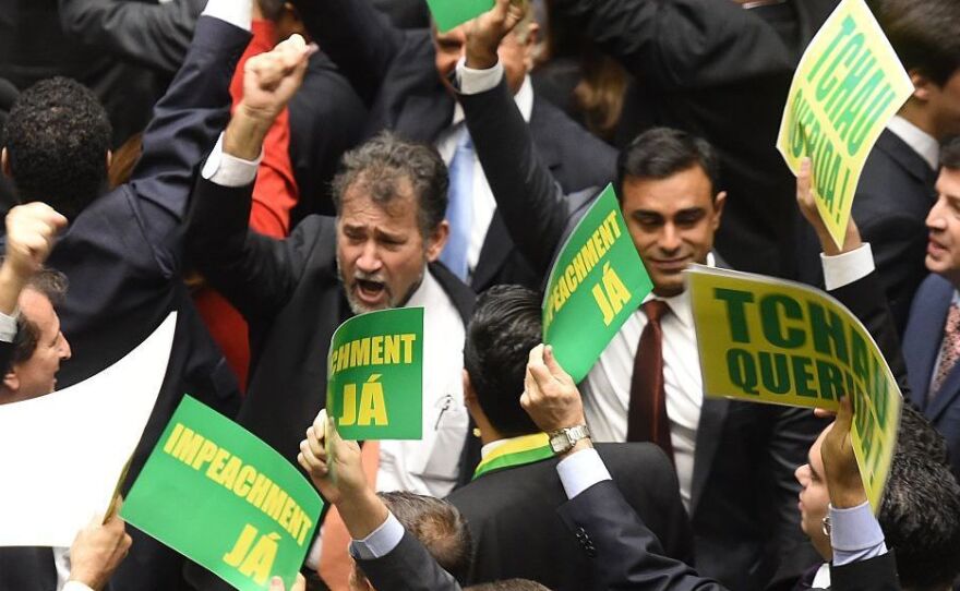 Lower house members who support impeaching President Dilma Rousseff demonstrate during Friday's session.