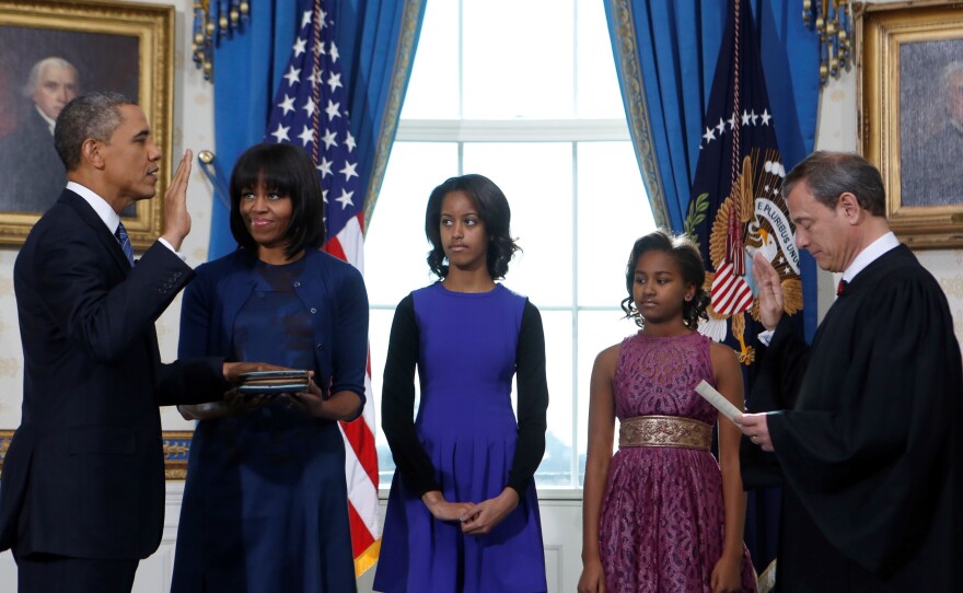 On Sunday, during the official swearing-in ceremony at the White House, the first lady wore a dress and cardigan by Reed Krakoff.