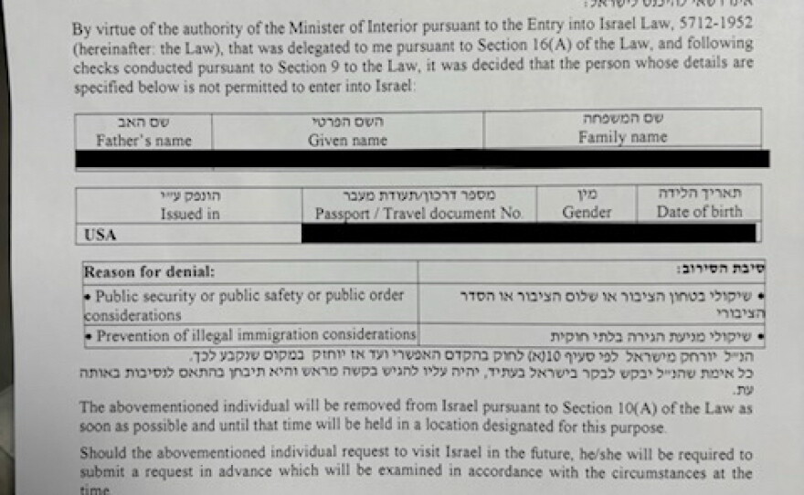 The Israeli government issued this document to participants of a multifaith group denied entry to Israel in August. The participant's personal details are blacked out to protect their identity.