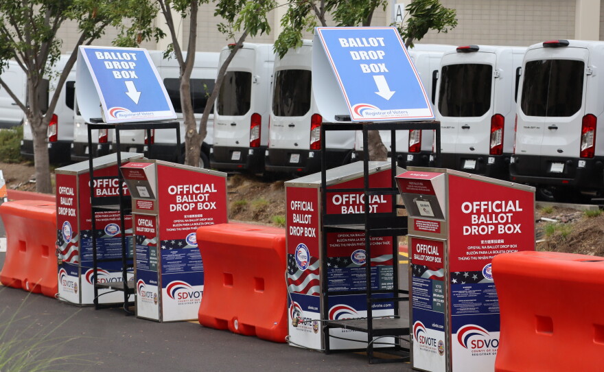 Ballot drop boxes outside the San Diego County Registrar of Voters, photographed on Tuesday, Oct. 14, 2025.