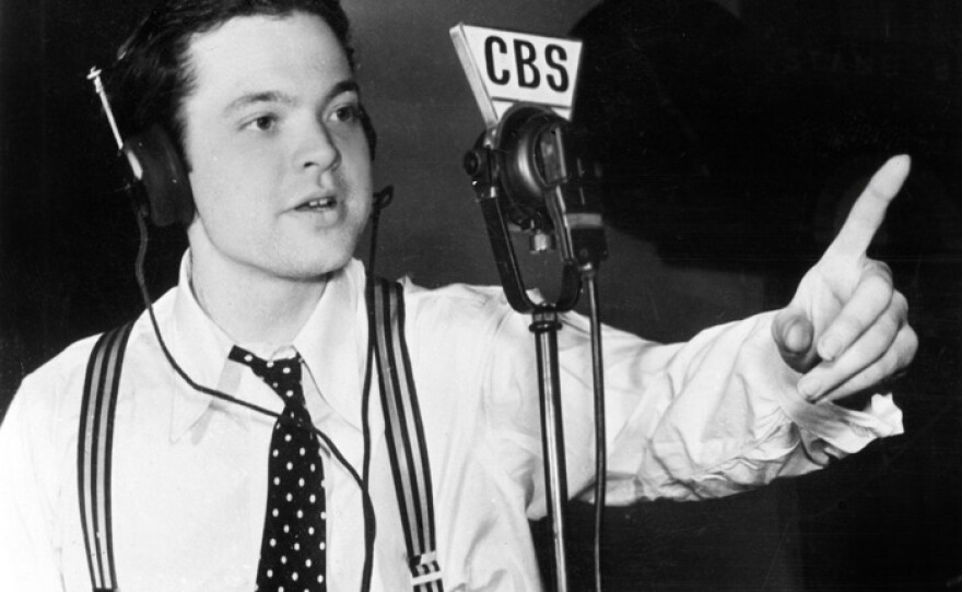 Orson Welles rehearsing "Campbell Playhouse" for CBS Radio, November 1938. This was a few weeks after the "War of the Worlds" broadcast.