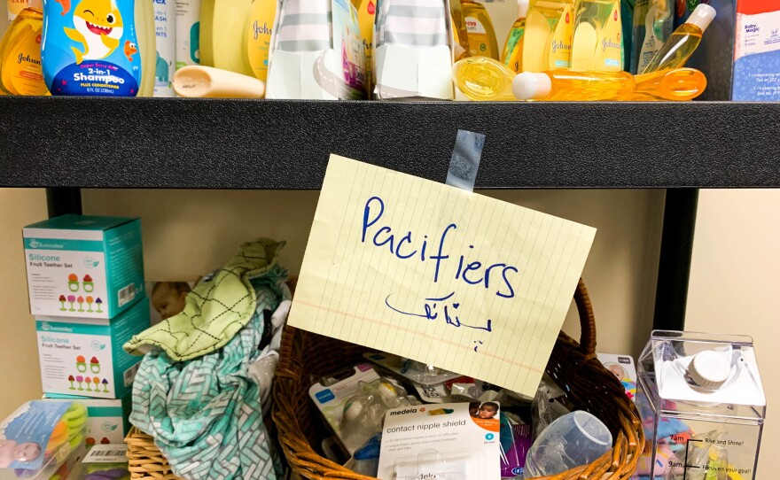 Shelves of donated supplies at a refugee resettlement office in Northern Virginia.