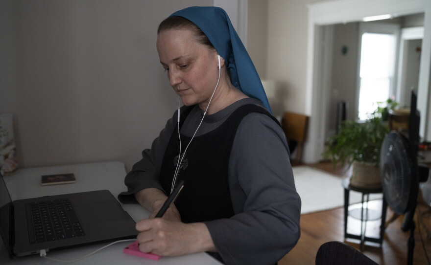 Sister Theresa Alethia takes a video call with her attorney in April. Last year she and Sister Danielle Lussier were granted permission to set up their mission just outside Lexington, Ky.