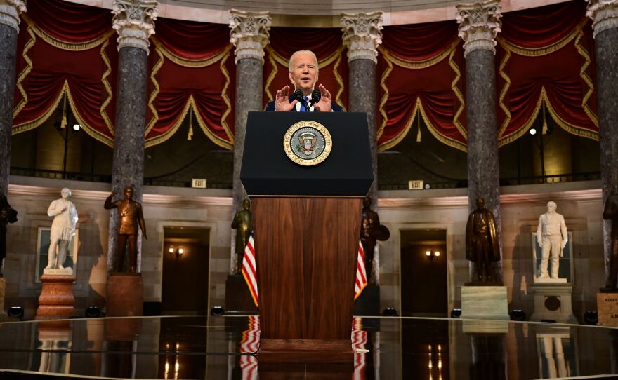 President Joe Biden speaks on Jan. 6, 2022, to mark the anniversary of the attack on the Capitol.