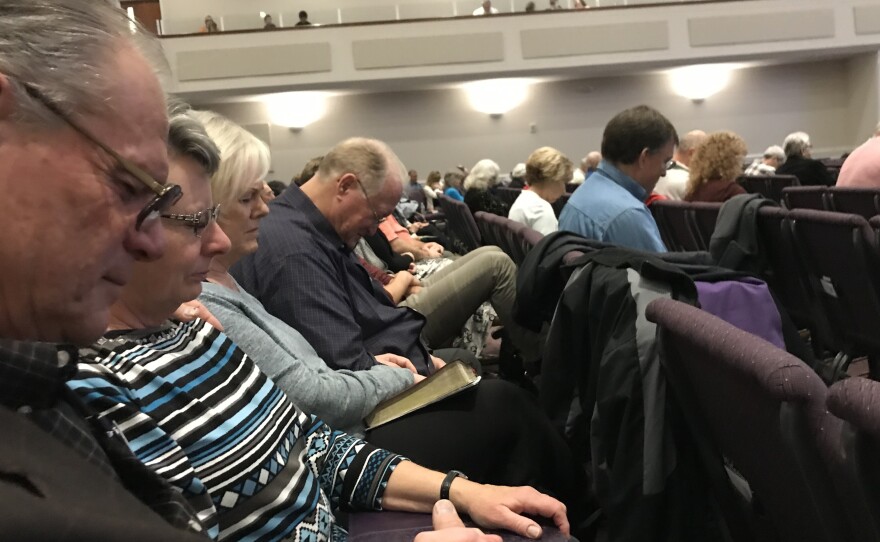 Dan Wentland, Sherry Wentland, Gwynn Harris, and Randy Harris (left to right) attend services at the Lantana Road Baptist Church on March 8, 2020. The couples have known each other since the 1970s and lived in Paradise, Calif., until the 2018 Camp Fire destroyed their town.