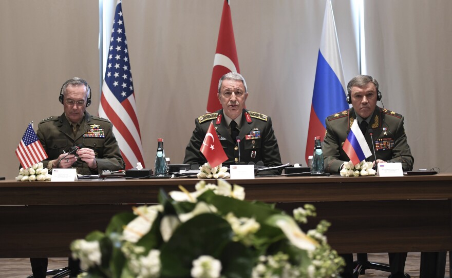 U.S. Chairman of the Joint Chiefs of Staff Gen. Joseph Dunford (left) and Russia's Chief of Staff Gen. Valery Gerasimov (right) attend a meeting with Turkey's Chief of Staff Gen. Hulusi Akar in Antalya, Turkey, on March 7. Dunford and Gerasimov have met twice since President Trump's inauguration; before that, the last meeting on that level took place before Russia's annexation of Crimea in 2014.