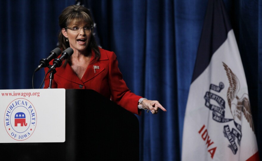 Former Alaska Gov. Sarah Palin speaks during the Republican Party of Iowa's Ronald Reagan dinner on Friday in Des Moines.