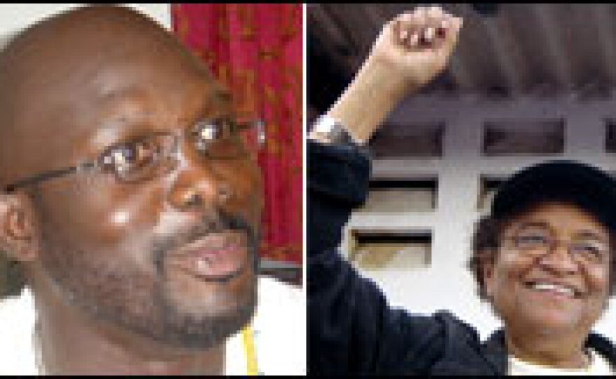 Liberian presidential candidates George Weah, left, and Ellen Johnson-Sirleaf.