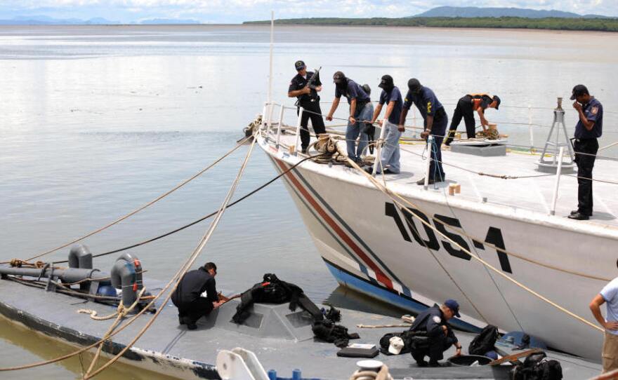 Costa Rican and U.S. Guard Coast members seized this  semi-submersible which was carrying seven tons of cocaine. It is shown here at Costa Rica's Puntarenas Coast Guard headquarters on Sept. 17, 2008. Four Colombians were arrested.