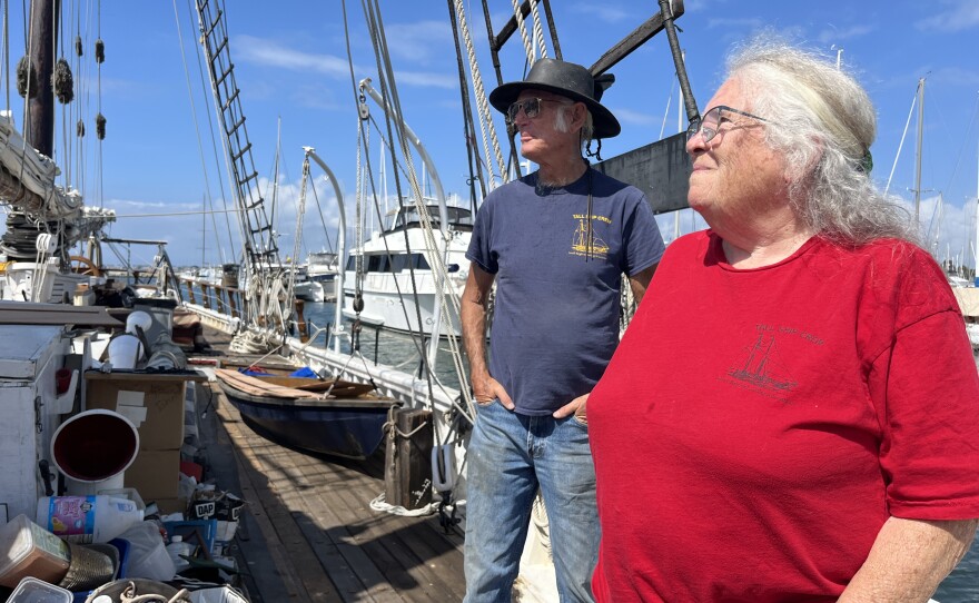 Susan and Don Johnson stand aboard the Bill of rights at Safe Harbor South Bay marina, Apr. 1, 2026.