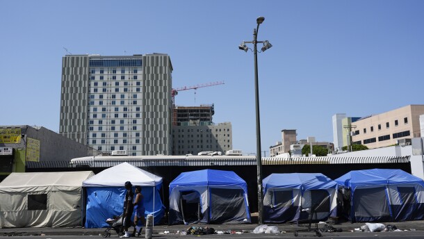 Tents are lined up on Skid Row Thursday, July 25, 2024, in Los Angeles.