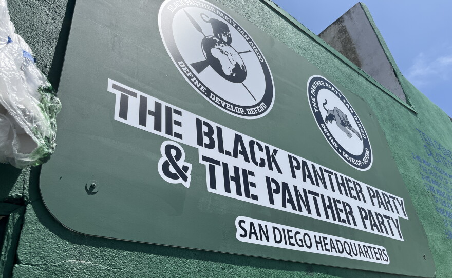 A sign on the wall at Clementine McDuff Elks Lodge showcases logos and titles for The San Diego Black Panther Party, July 28, 2026.