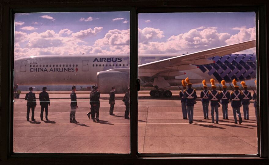 Cadets march towards the plane of Taiwan Vice President William Lai, arriving in Honduras on Jan. 26 for the inauguration of Xiomara Castro.