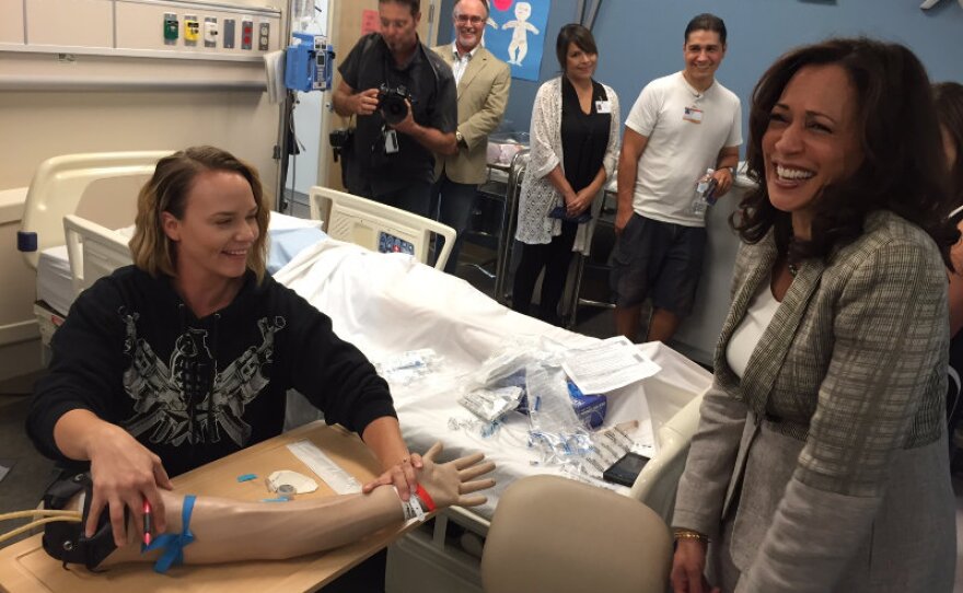 Kamala Harris, right, and Ginger Parrish, a first semester nursing student at Modesto Junior College.