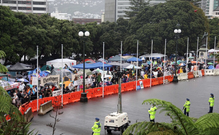 Protesters continued their demonstrations against New Zealand's COVID-19 mandates on Saturday. Authorities have used sprinklers and loudspeakers in their efforts to disperse the crowd.