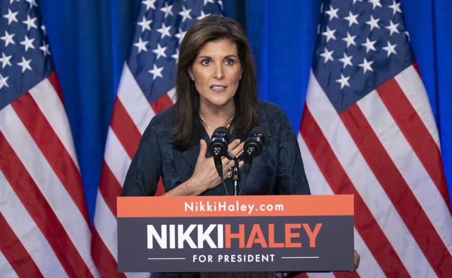 Republican presidential candidate, former U.N. Ambassador Nikki Haley, speaks at a campaign event at Clemson University in Greenville on Tuesday.