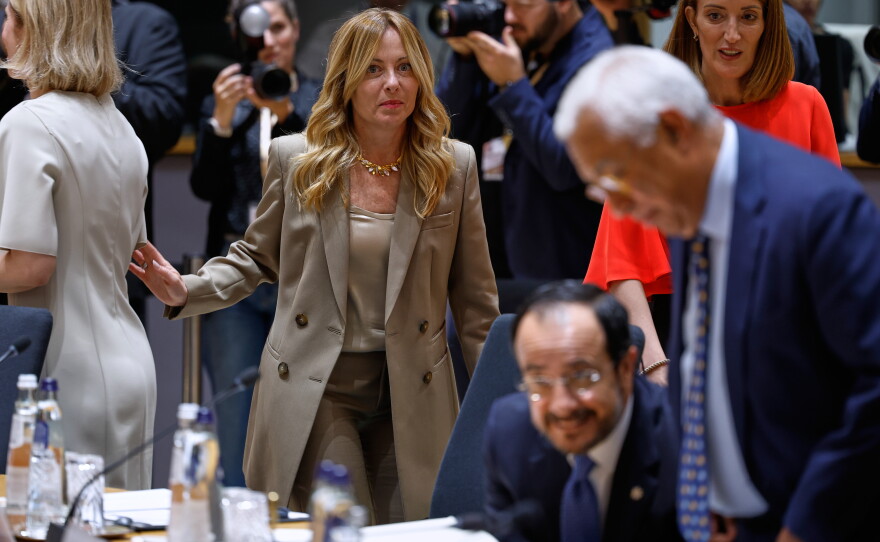 Italy's Prime Minister Giorgia Meloni arrives to a round table meeting at the EU summit in Brussels, Thursday, June 18, 2026.