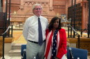 Charlie Taney, the great-great-grandnephew of the man who wrote the Dred Scott opinion, and Lynne Jackson Scott's great-great-granddaughter, speak at an event at St. Mark's Church on Capitol Hill on June 30, 2026.