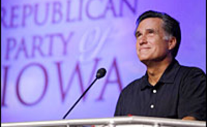 Republican presidential candidate and former Massachusetts Gov. Mitt Romney speaks at the Republican Straw Poll  in Ames, Iowa, Aug. 11, 2007.
