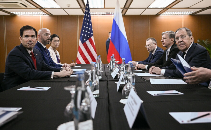 U.S. Secretary of State Marco Rubio, left, attends a meeting with Russia's Foreign Minister Sergey Lavrov, right, on the sidelines of the Association of Southeast Asian Nations (ASEAN) Foreign Ministers Meeting in Pasay, Metro Manila on Thursday, July 23, 2026.
