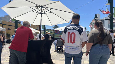 Soccer fans gather at Pizza Della Famiglia in Little Italy on June 12, 2026, to watch a FIFA World Cup game.