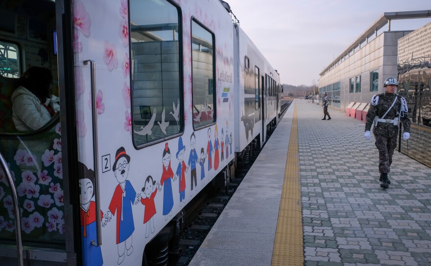 The DMZ train sits at the Dorasan Station, just south of the inter-Korean border.