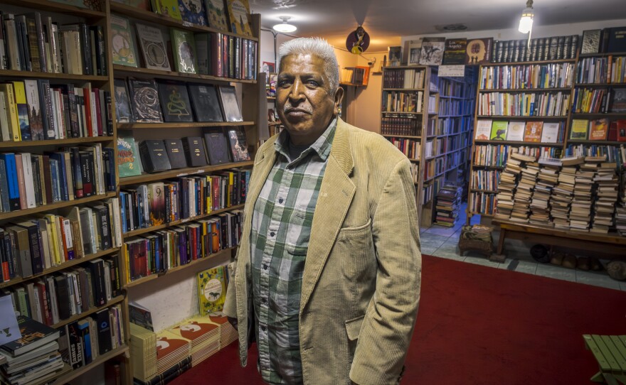 Miguel Márquez San Juan in his bookstore, Libros, Café y Jazz, Tijuana Oct. 18, 2024.