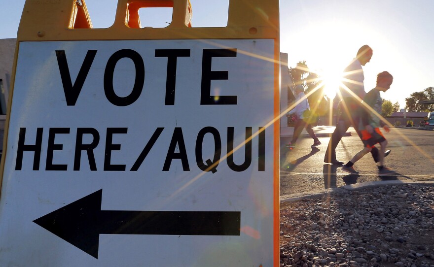A polling station at sunrise in Phoenix as voting begins in Arizona's presidential primary election.