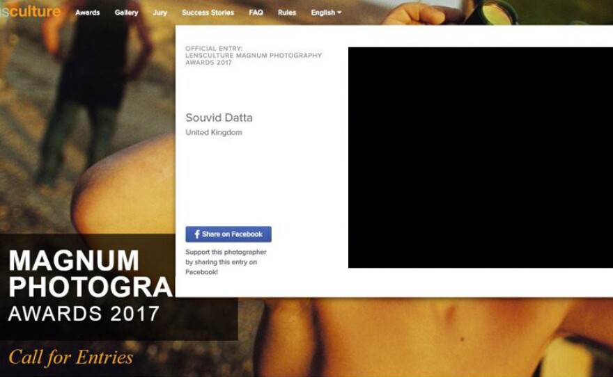 This is a screenshot of an online promotion by LensCulture for the Magnum 2017 photo competition, using photographs by Souvid Datta taken of girls in the red light district of Kolkata. The photo that was used has been blacked out.