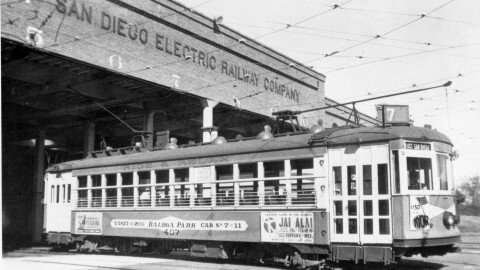 A San Diego Electric Railway Company streetcar is seen at a depot in this photo dated around 1930.
